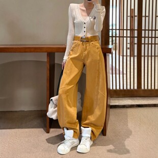 2026春季新款橙色阔腿牛仔裤女宽松高腰显瘦弯刀裤休闲长裤拖地裤