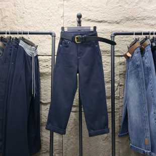 2025秋冬新款藏青色直筒牛仔裤女加绒九分显瘦小个子窄版法棍裤子