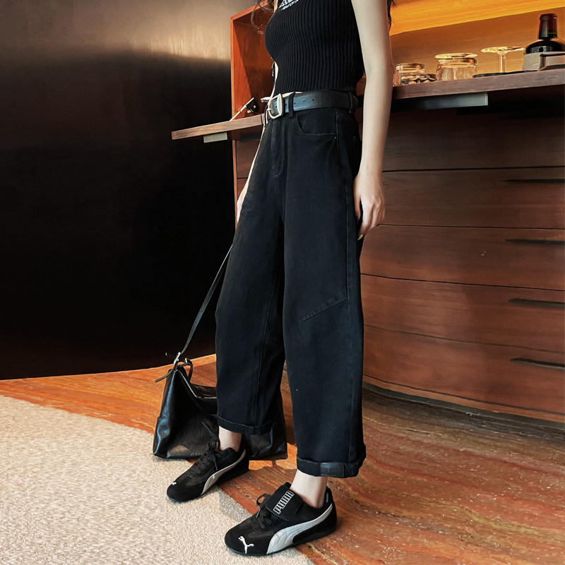 2025春秋新款黑色阔腿牛仔裤女高腰显瘦休闲直筒九分奶奶裤弯刀裤