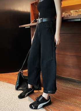 2025春秋新款黑色阔腿牛仔裤女高腰显瘦休闲直筒九分奶奶裤弯刀裤