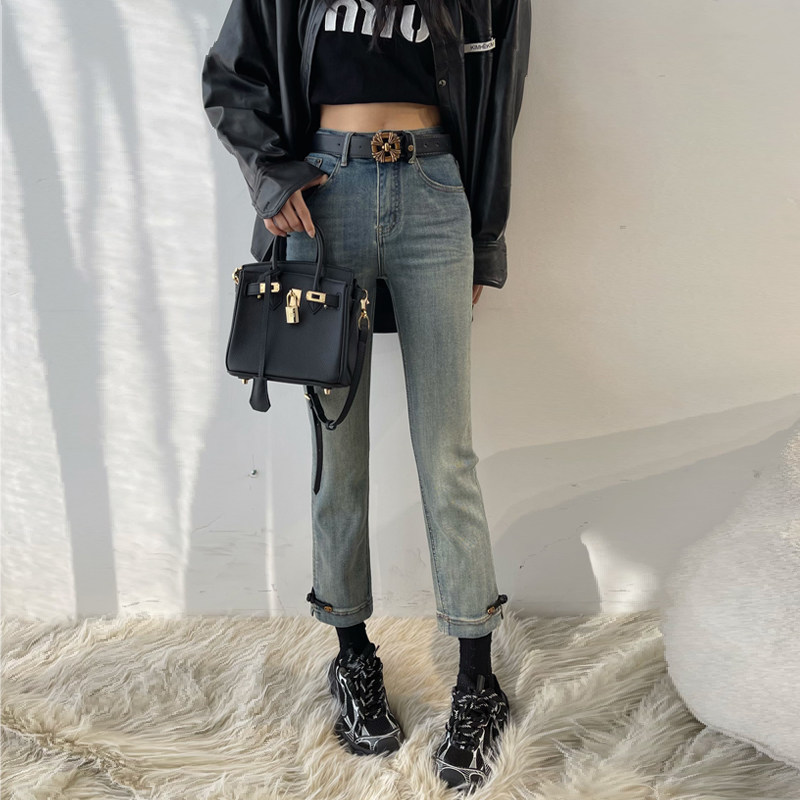 春季新款浅蓝色直筒牛仔裤女八九分高腰修身弹力显瘦小个子烟管裤