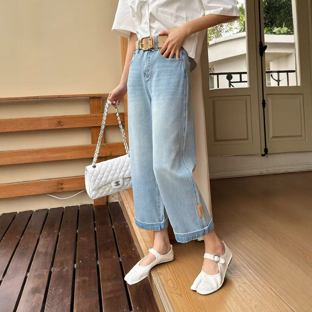 2026春新款浅蓝色直筒牛仔裤女小个子窄版九分显瘦阔腿休闲法棍裤