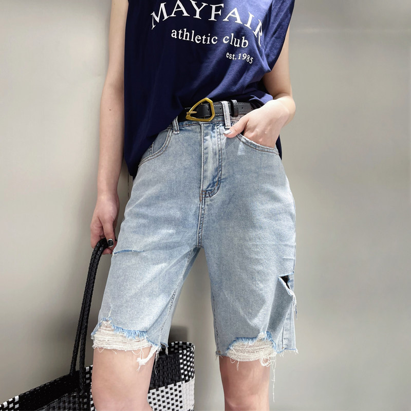 夏季新款浅蓝色破洞牛仔短裤女宽松高腰阔腿五分短裤休闲直筒中裤
