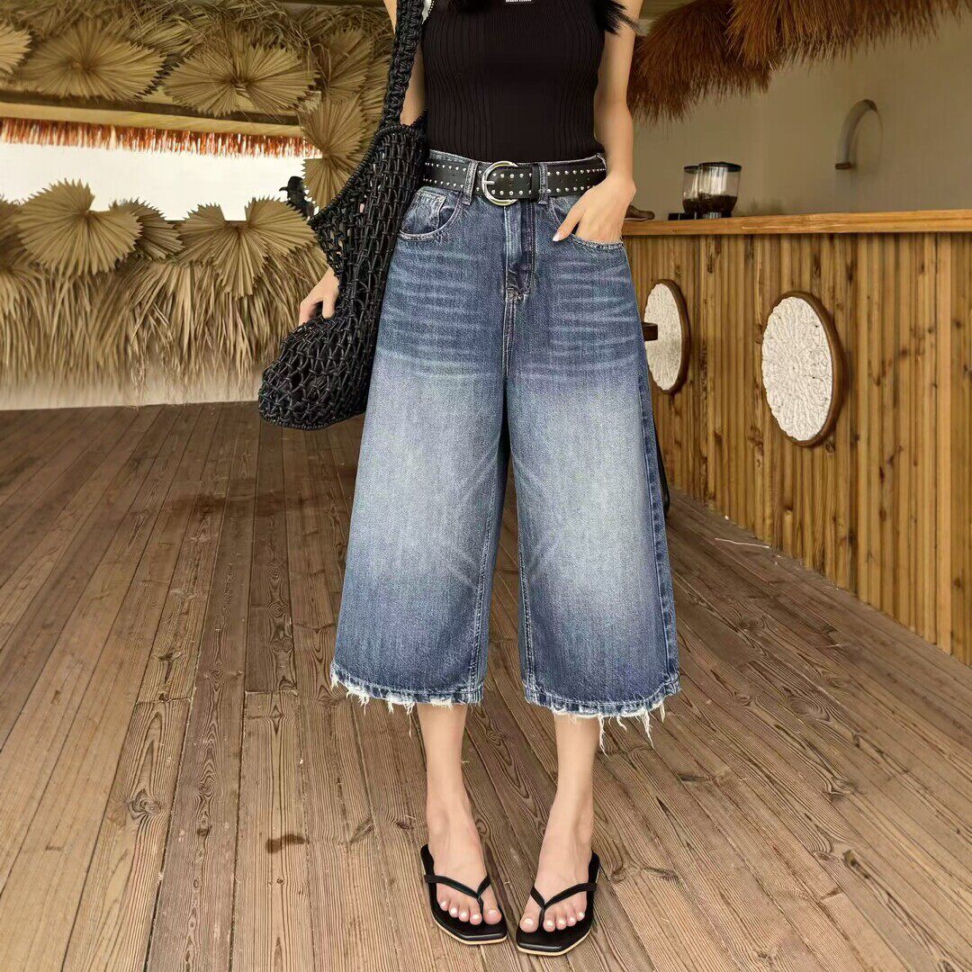 2026夏薄款蓝色阔腿牛仔裤女宽松高腰显瘦七八分小个子休闲直筒裤