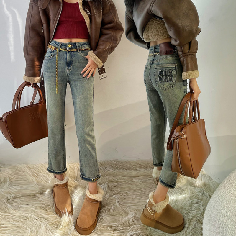 【清仓】春季新款浅蓝色烟管裤女小个子八九分窄版直筒牛仔裤百搭