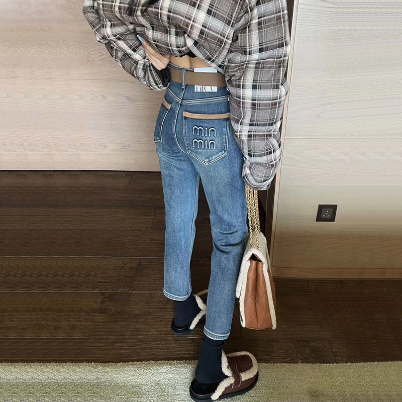 2024秋冬新款蓝色牛仔烟管裤女修身显瘦加绒保暖九分窄版直筒裤子