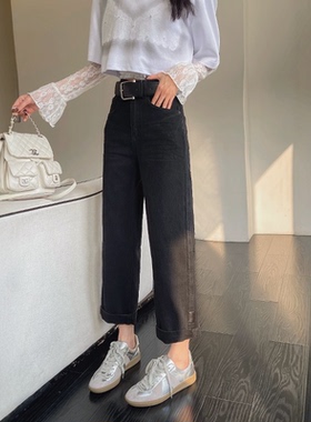 秋新款黑色直筒牛仔裤女修身高腰显瘦八分小个子烟管裤窄版法棍裤