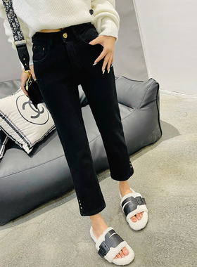 2024冬季新款黑色加绒加厚牛仔烟管裤女高腰显瘦保暖九分直筒裤子