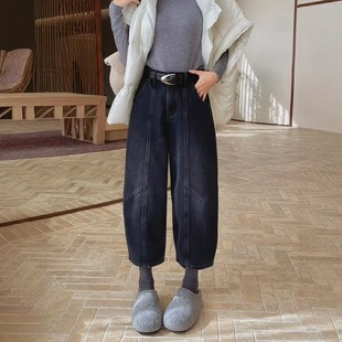 黑灰色阔腿牛仔裤女小个子八分宽松高腰春新款休闲直筒弯刀泡泡裤