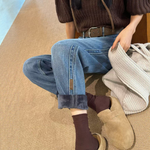 休闲垮裤 2025冬新款 哈伦老爹裤 女宽松高腰大码 蓝色加绒加厚牛仔裤