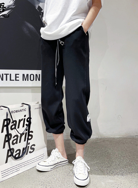 欧货春夏时尚黑色薄款休闲运动裤子女宽松高腰显瘦束脚哈伦卫裤潮