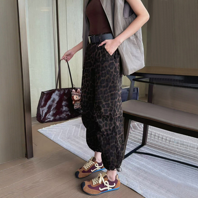豹纹阔腿工装裤女宽松高腰休闲