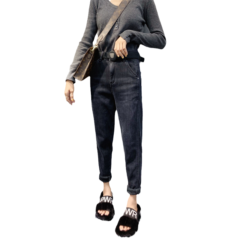 2025新款黑色加绒加厚牛仔裤女秋冬高腰大码显瘦哈伦萝卜裤子垮裤