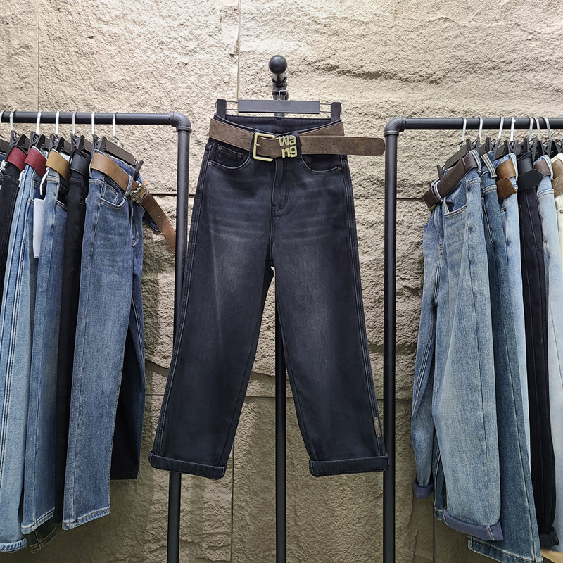 冬季新款黑色加绒加厚牛仔直筒裤女宽松高腰显瘦九分小个子法棍裤