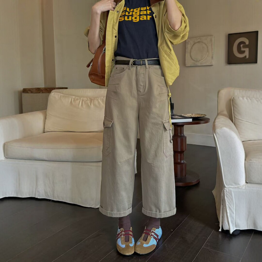 卡其高腰多口袋阔腿工装裤女