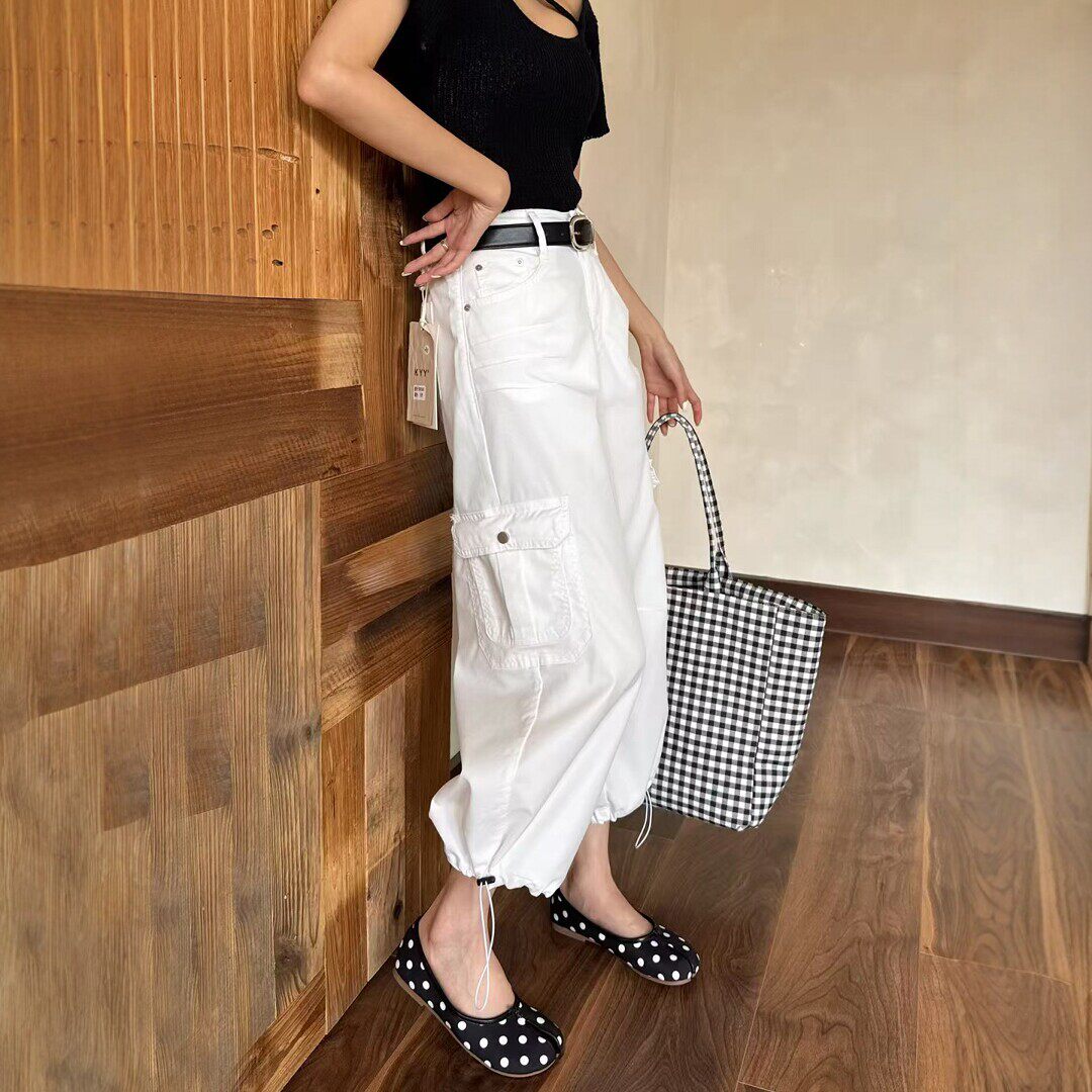 夏季白色八分束脚工装裤女薄款