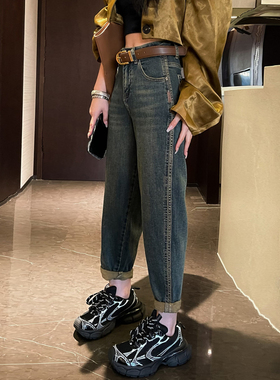 欧货秋季新款怀旧复古蓝色牛仔萝卜裤女宽松高腰大码显瘦哈伦垮裤