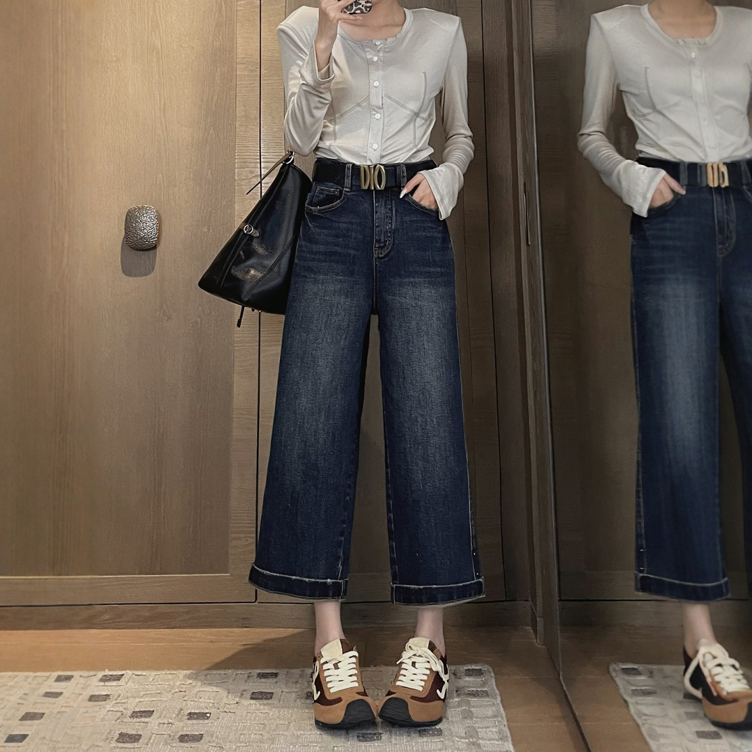 秋季新款阔腿牛仔裤女八九分宽松高腰休闲小个子直筒烟管裤法棍裤