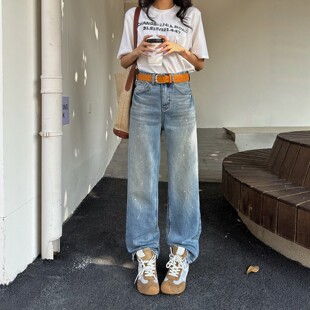 春新款做旧甩漆直筒牛仔裤女窄版宽松高腰垂感休闲阔腿拖地裤长裤