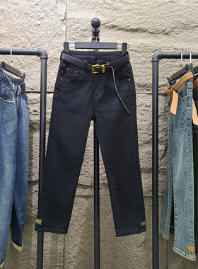 2024秋冬新款黑色直筒牛仔裤女高腰修身显瘦八九分小个子烟管裤潮