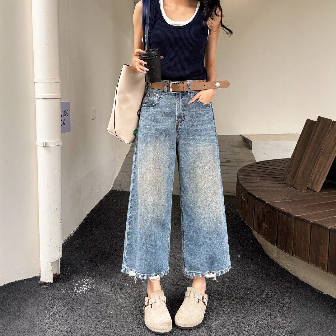 2026春季新款蓝色阔腿牛仔裤女小个子八九分宽松高腰休闲直筒裤子