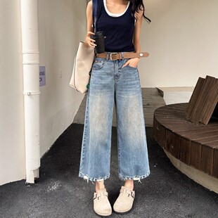 2026春季新款蓝色阔腿牛仔裤女小个子八九分宽松高腰休闲直筒裤子