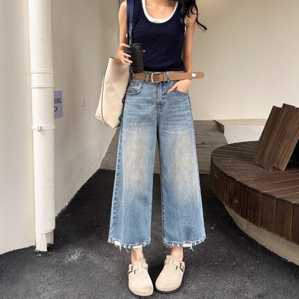 2026春夏新款蓝色阔腿牛仔裤女小个子八九分宽松高腰休闲直筒裤子