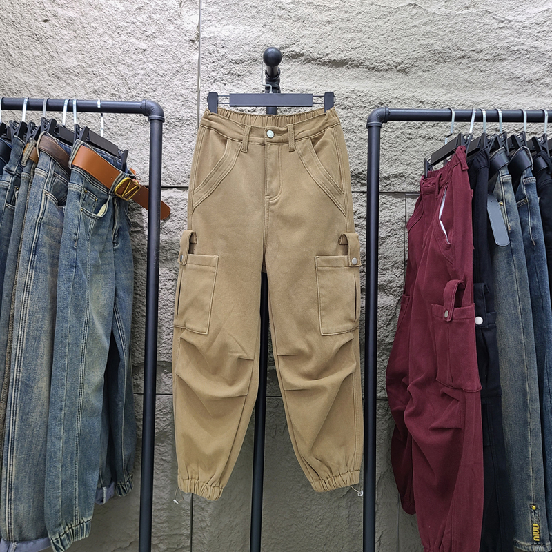 2024冬季新款加绒加厚休闲工装裤女宽松高腰束脚牛仔哈伦萝卜裤子