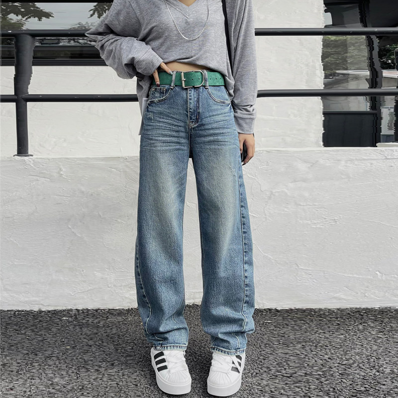 2026春秋新款浅蓝色阔腿牛仔裤女宽松高腰显瘦窄版直筒裤拖地裤子