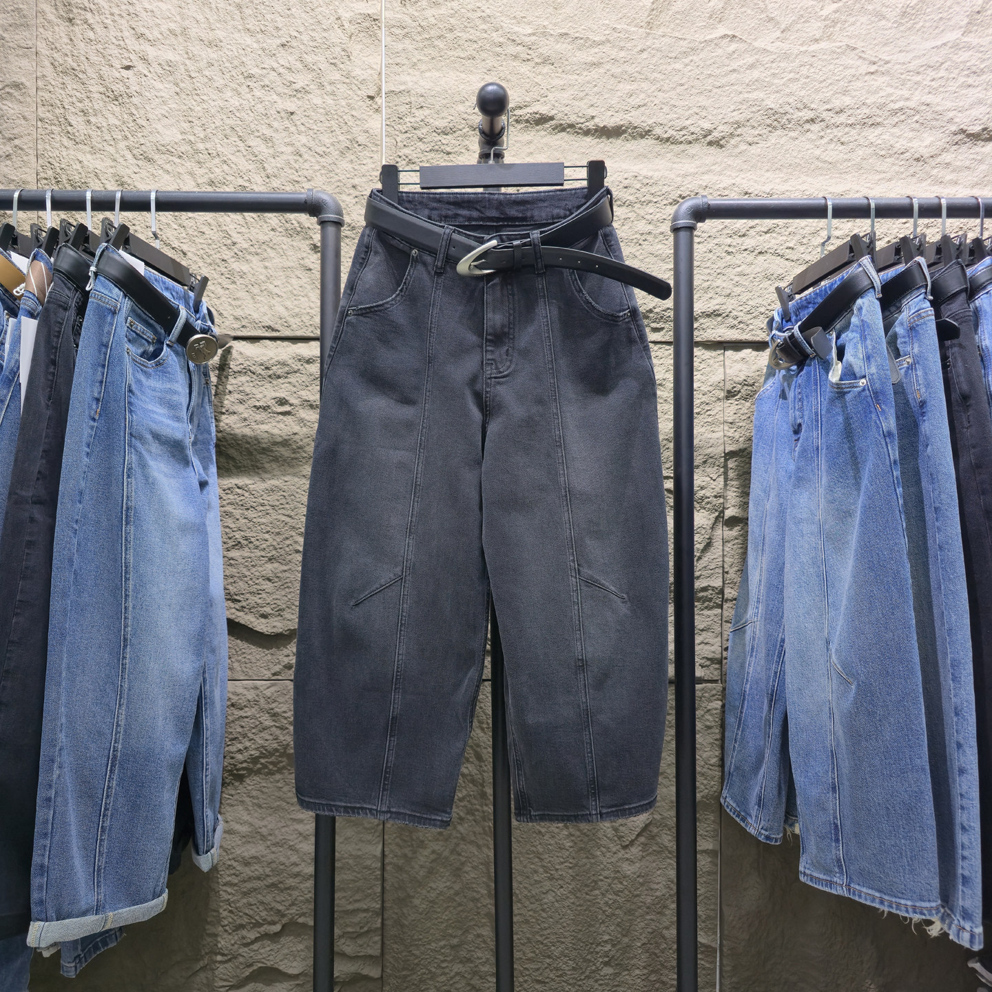 2026春新款黑灰色阔腿牛仔裤女高腰八分小个子休闲直筒裤弯刀裤