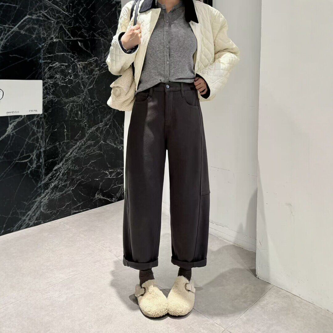 秋冬加绒加厚高腰阔腿九分牛仔裤