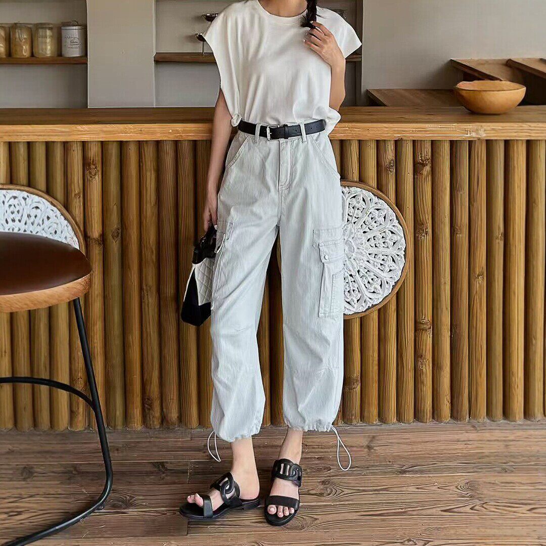 春夏新款浅灰色工装裤女高腰九分多口袋抽绳裤脚直筒休闲裤阔腿裤