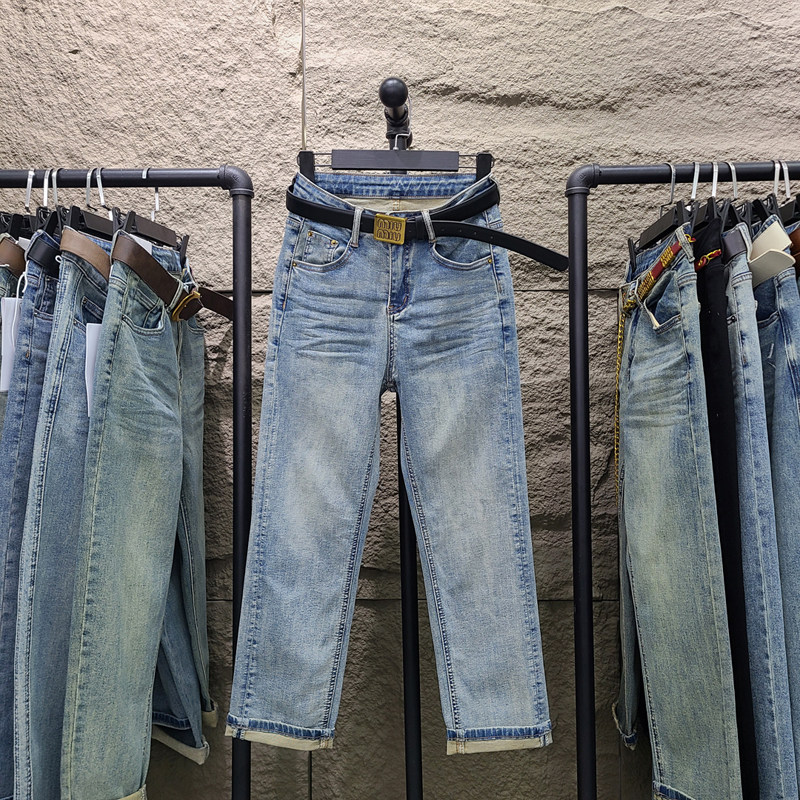 2025春秋新款蓝色牛仔烟管裤女高腰显瘦翻边八分小个子窄版直筒裤