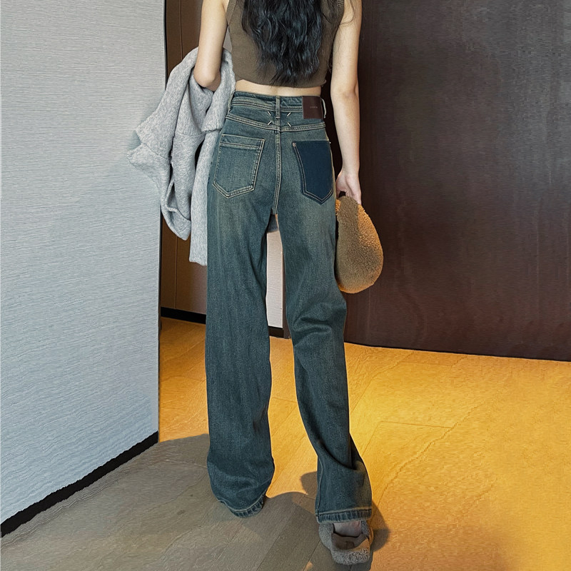 冬季新款加绒复古蓝色阔腿牛仔裤女宽松高腰直筒裤松弛感拖地长裤