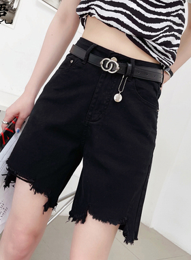 夏新款黑色阔腿休闲牛仔短裤女宽松高腰显瘦破洞毛边直筒五分裤潮