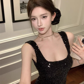 辣妹个性 小众轻奢修身 亮片短款 女装 美式 新款 吊带背心大码 夏季 上衣