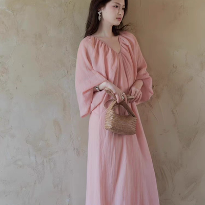 大码女装夏季粉色灯笼袖连衣长裙