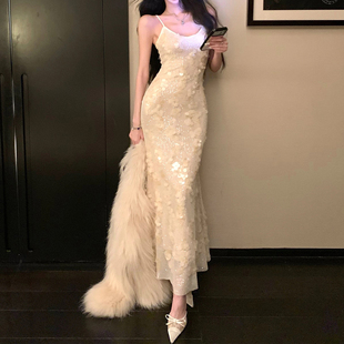 大码女装千金风亮片刺绣吊带连衣长裙修身包臀晚宴轻礼服年会战袍