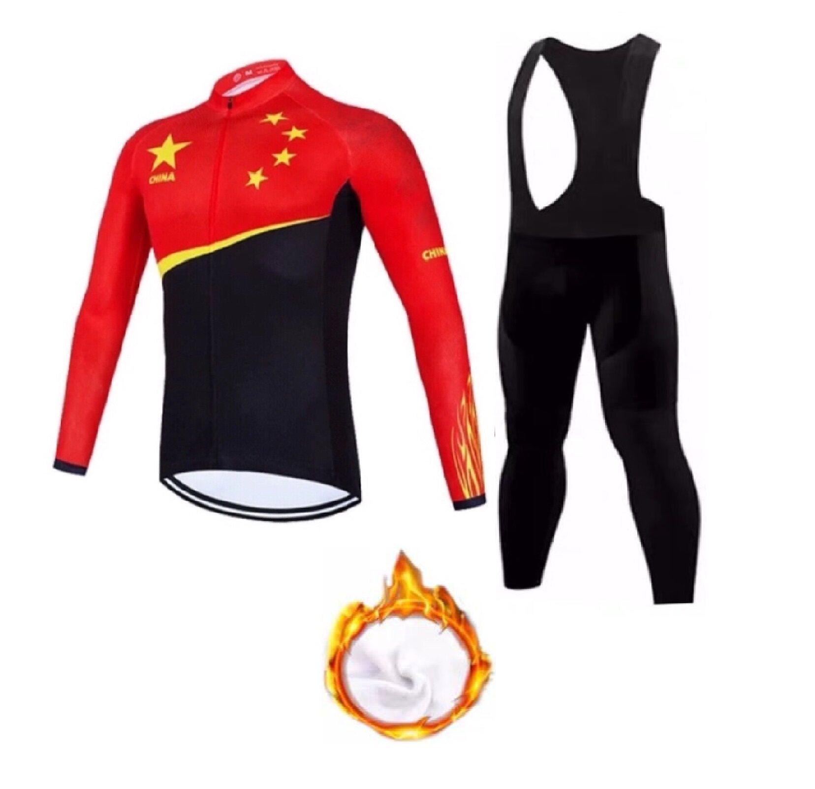 秋冬季中国五角星专业自行单车装备加绒加厚长袖骑行服套装男女款