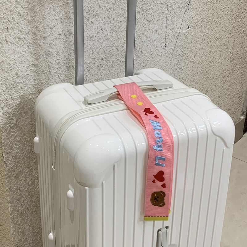 浅粉色行李箱飘带刺绣姓名条钥匙