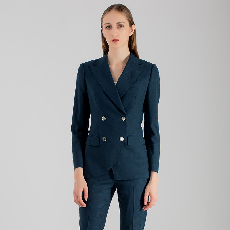 新款墨绿色高端女士西服套装高定双排扣西装时尚修身气质两件套