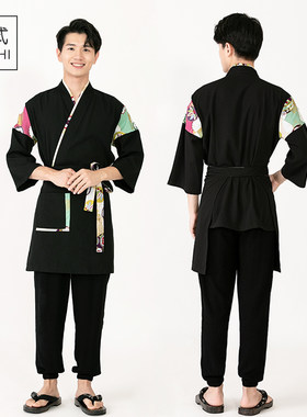春夏中袖日式饭店厨师服工作装拼接鱼刺日料店后厨工作服男上衣