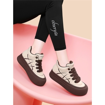 加绒丑萌大头鞋女2025冬季新款保暖防滑高帮棉鞋厚底真皮面包板鞋