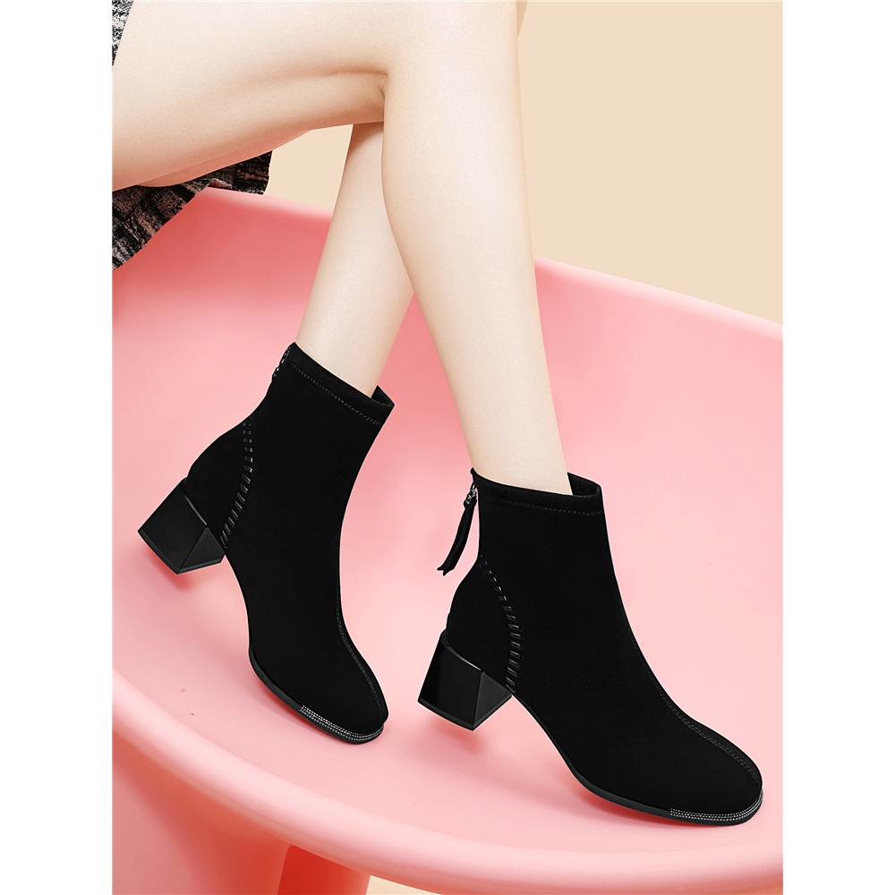 2025新款春秋季磨砂短靴女粗跟中跟女鞋秋冬真皮鞋方头踝靴马丁靴