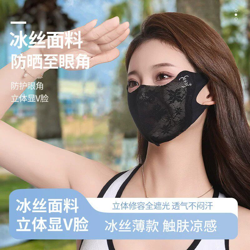 夏女冰丝蕾丝防晒口罩护眼角防晒面罩高颜值透气户外薄款遮阳面罩