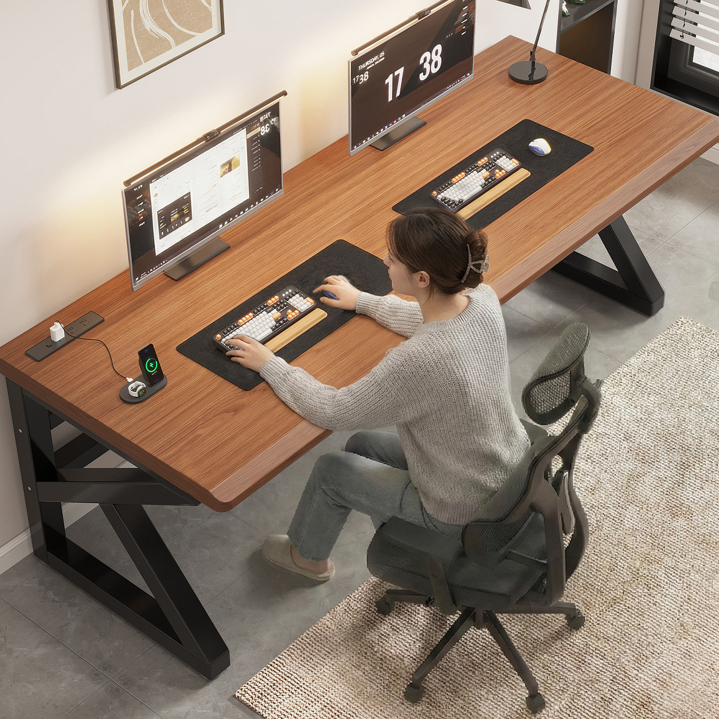 实木台式电脑桌家用办公桌学习桌双人卧室电竞桌子简易工作台书桌