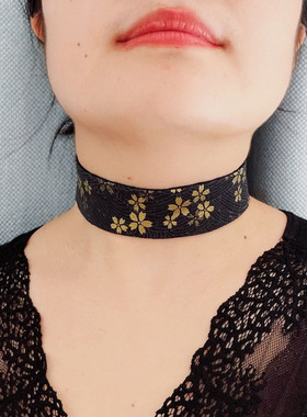 复古烫金花朵宽颈choker项链