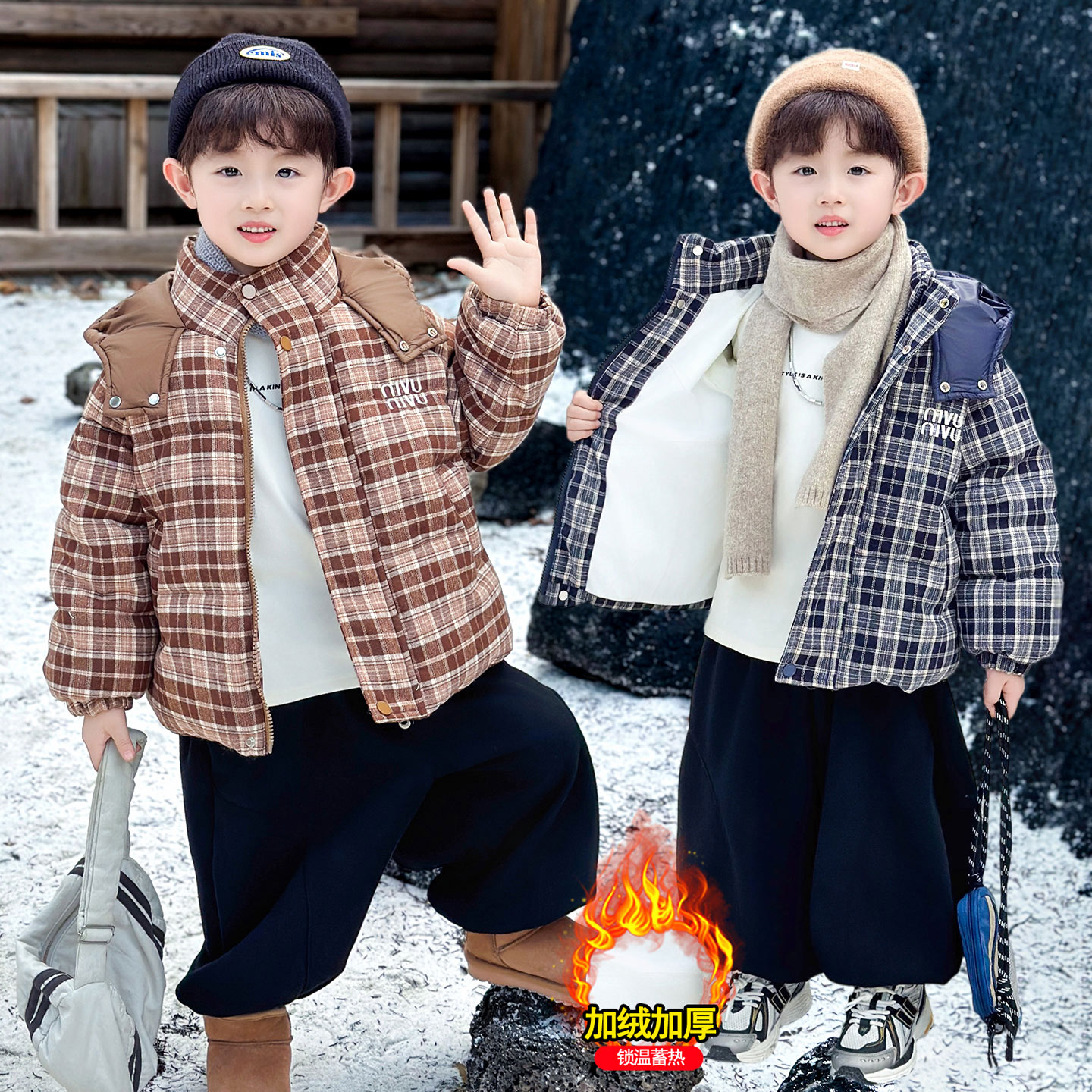 男童冬装格子棉衣外套2025新款儿童复古加绒加厚冬季洋气保暖棉服