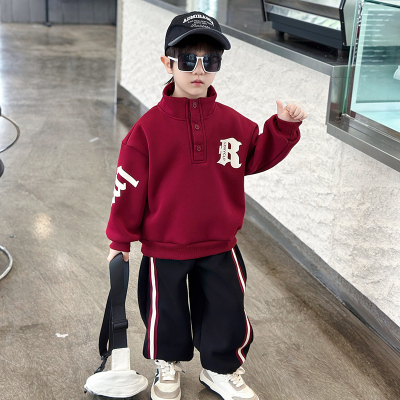 男童加绒套装立领织带卫衣两件套