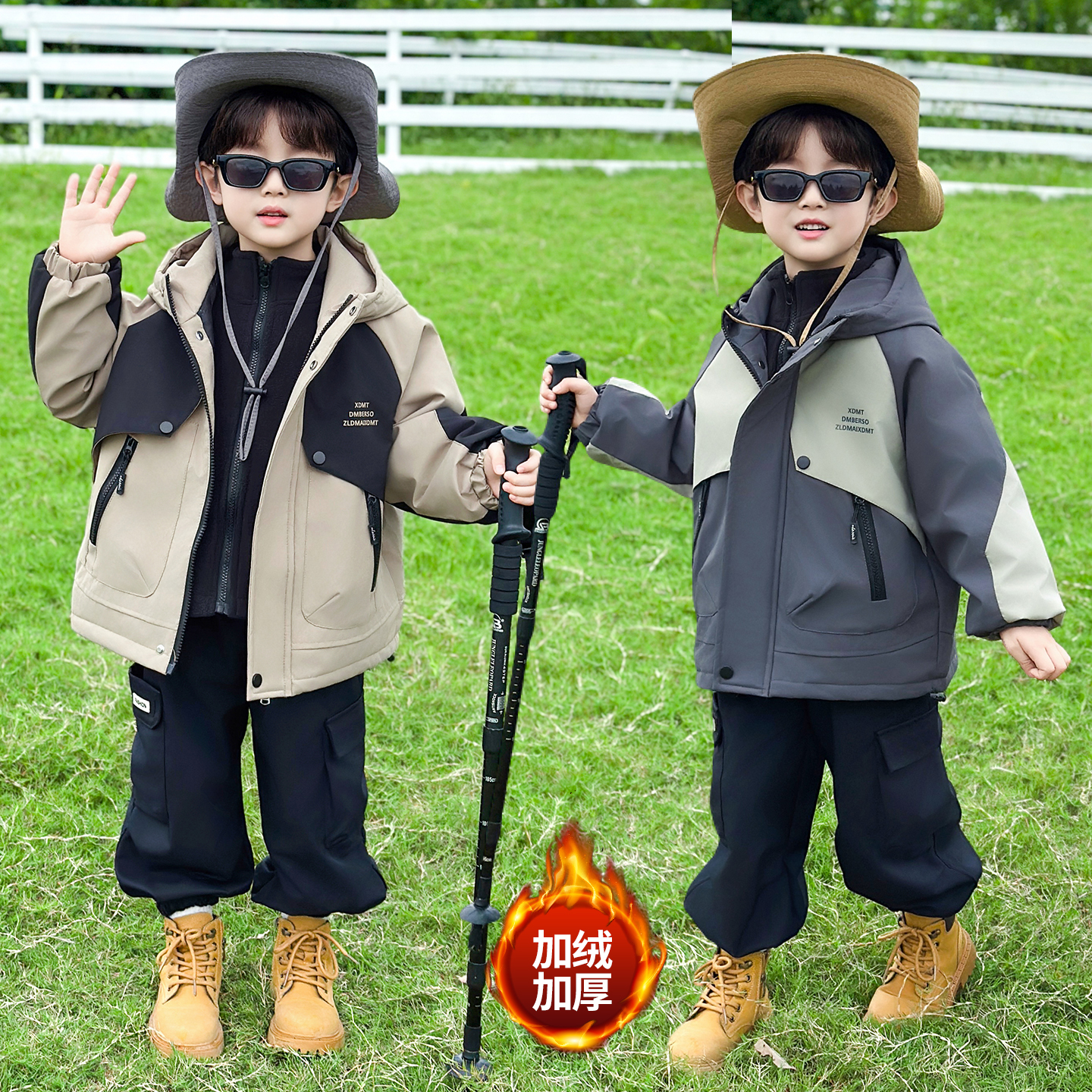 男童夹棉加厚冲锋衣秋冬装2025新款酷帅男孩儿童冬季男宝加绒外套